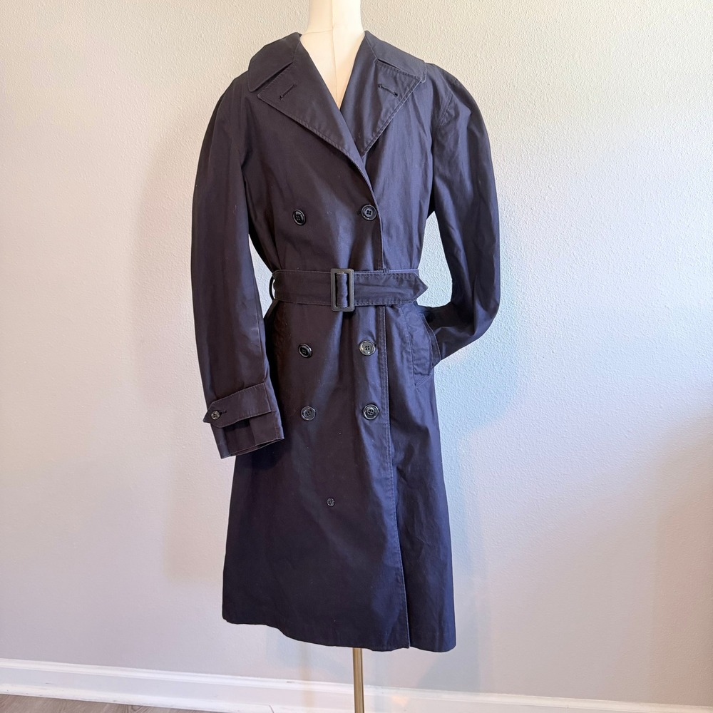 Vintage Navy Military Trench Coat Double Breasted Belted Overcoat 60s 70s Blue